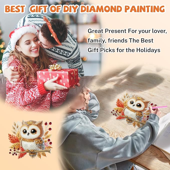 Bowetile Fall Owl Diamond Art Hanging Kits for Adults, Diamond Art Suncatchers Maple Leaf, 5D Special Shape Autumn Diamond Painting Pendant Window Ornament Gifts for Home Door Wall Decor