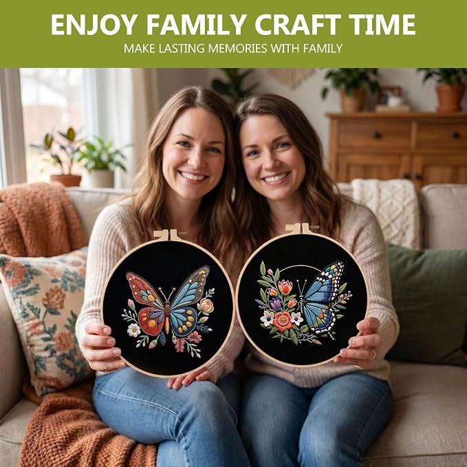 Santune Embroidery Kit Needlepoint Cross Stitch Kits for Beginners Adult Needle Point Sets with Butterfly Embroidery Patterns, Includes Step-By-Step Instructions and Accessories