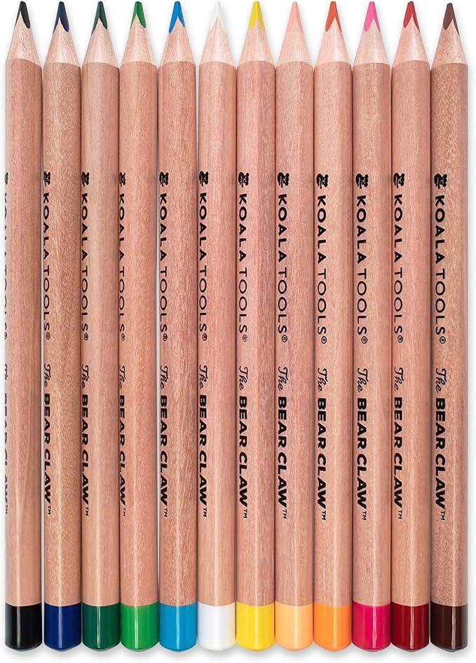 Koala Tools - Bear Claw Colored Pencils for Adults and Kids, Water Soluble Color Pencils with Triangular Grip for Art and Shading, Large Coloring Pencils, Pack of 12