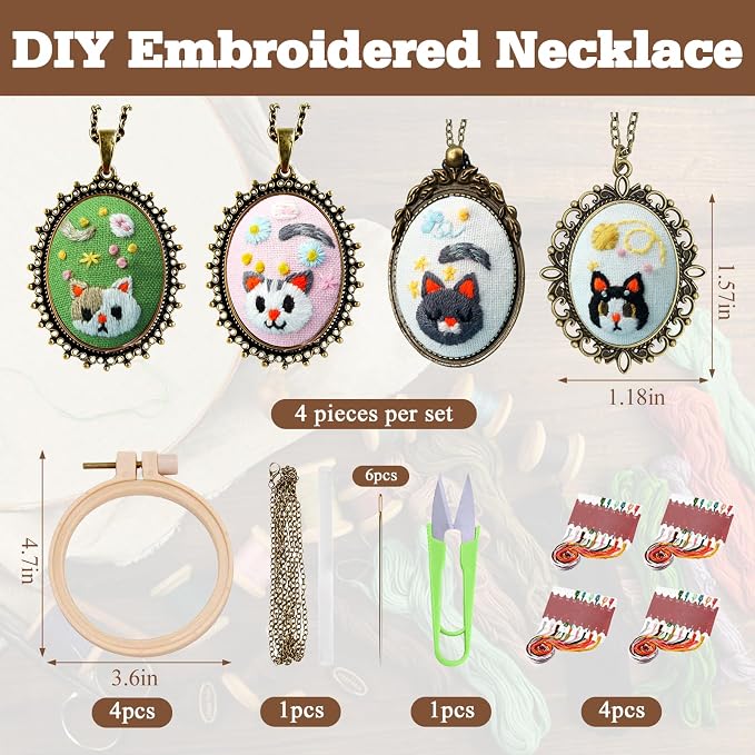 ZOCONE New 4 Packs Embroidery Necklace Kits, Embroidery Pendant Kit Mini Cross Stitch Kit with Hoop, Necklace, Pendant, Stamped Pattern Cloth, Instructions, etc., Embroidery Kits for Adults