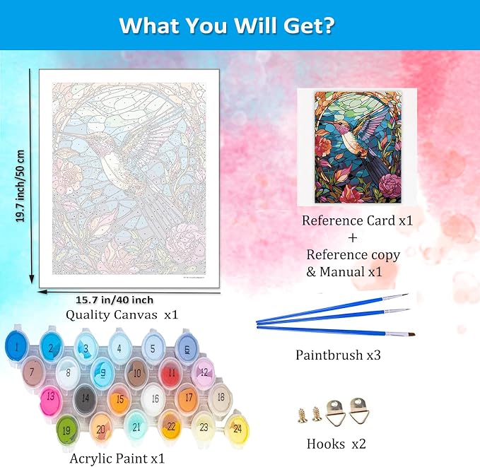 Artunion Hummingbird Paint by Numbers Kit for Adults,Stained Glass Paint by Number Kits, DIY Oil Painting Paint by Number Kits on Canvas Arts Craft for Home Wall Decor 16x20 Inch