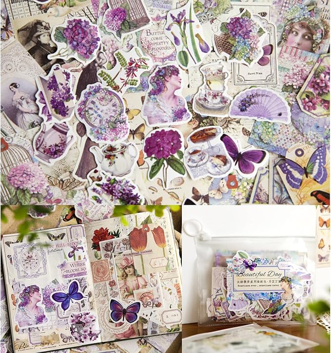 Esweny 200PCS Vintage Scrapbooking Supplies Pack, Aesthetic Scrapbook Sticker Paper Art Journaling Kit for Junk Journals,Planner,Cottagecore Decor Gifts (Purple Series)