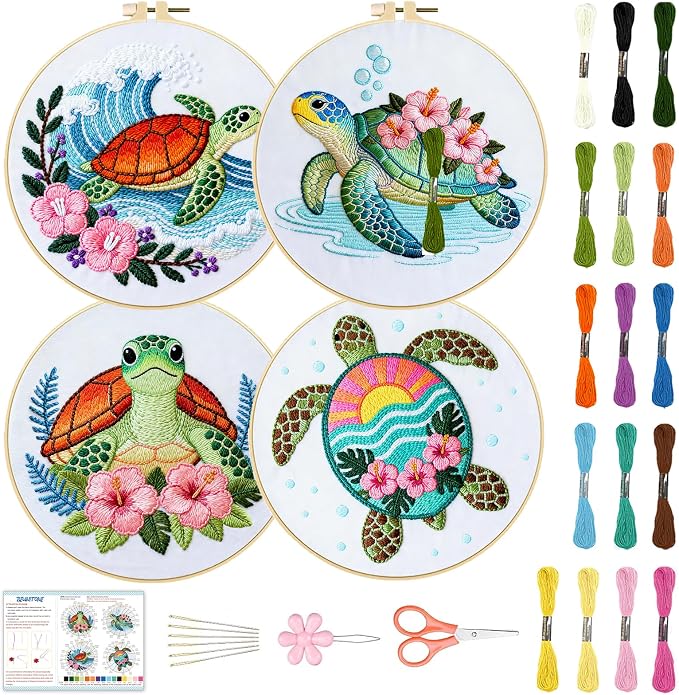 BEUNITONE 4 Sets Sea Turtle Embroidery Kits for Beginners DIY Craft Kits for Adults with Printed Patterns, Hoops and Instructions, Hibiscus Flower Needlepoint Kits for Clothing and Home Decor