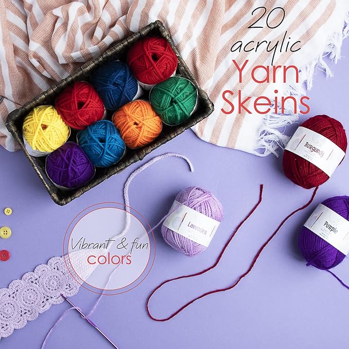 Hearth & Harbor Crochet Kit with 1100 Yards Assorted Yarn Kit, 9 Ergonomic Hooks, Crocheting Instruction, Knitting & Crochet Supplies - Beginner Crochet Kits for Adults, Ideal for Amigurumi