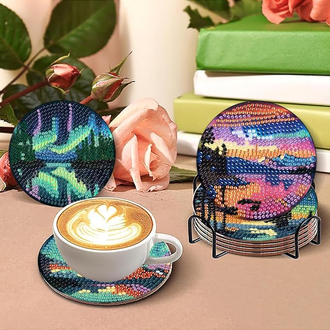 askkqtx 8 Pcs Aurora Diamond Art Coasters Kits with Holder 4X4 Inch