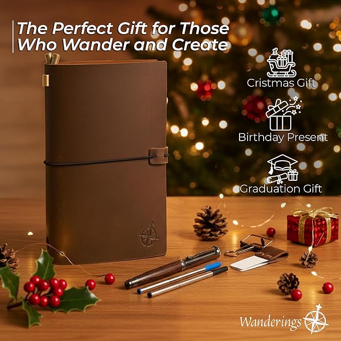 WANDERINGS Regular Size Travelers Notebook Bundle – 4.5" x 8.5" (11.5 x 22cm) – Genuine Leather Journal with Pen Holder, Pen, 2 Ink Refills, PVC Folder & Binder Clip