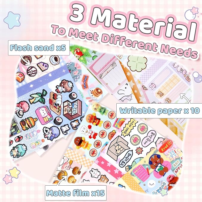 Tmtains 30 Sheets Kawaii Japanese Sticker Book Manga Books Style Writable Note Sticker Glitter Sand Aesthetic Japanese Korean Stickers Book for Adults Scrapbooking Notebook Supplies (A Little Wish)