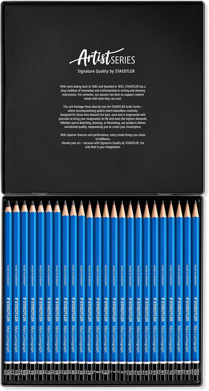 STAEDTLER Mars Lumograph Drawing Pencils: Set of 24 in Metal Case - Presharpened Graphite Art Pencils - Hardness Grades 12B-10H - For Drawing, Shading, Drafting & Illustrating - All Skill Levels