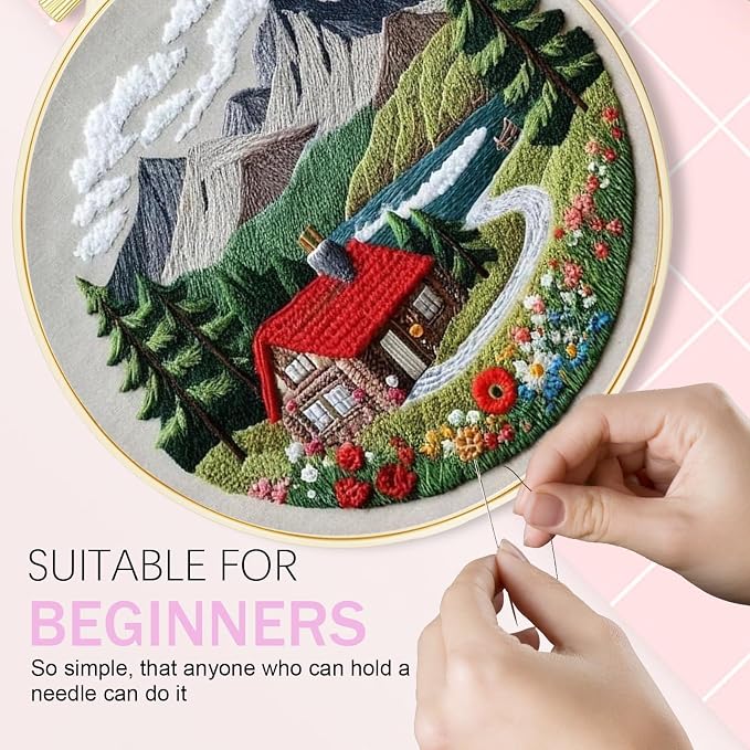 Huacan 1pc House Embroidery Kits for Beginners Mountains River Landscape Small Cross Stitch Kits Ideal for Crafting Art & Gifts
