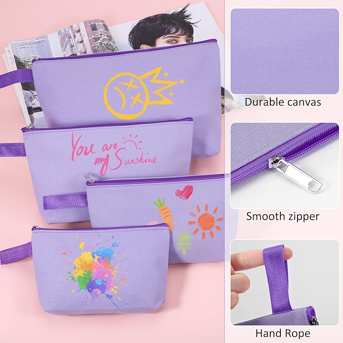 10 Pieces Cotton Canvas Makeup Bag with Bottom and Strap, Multi-Purpose Cosmetic Bag with Zipper Travel Toiletry Pouch, Blank DIY Craft Bag (Purple, M)