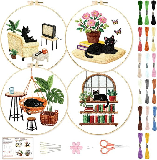 BEUNITONE 4 Set Embroidery Kit for Beginners, Daily Life of Cats Patterns Cross Stitch Kits, Needlepoint Kits for Adults with Hoop, Cute Hand Embroidery Patterns for Cloth and Home Decor