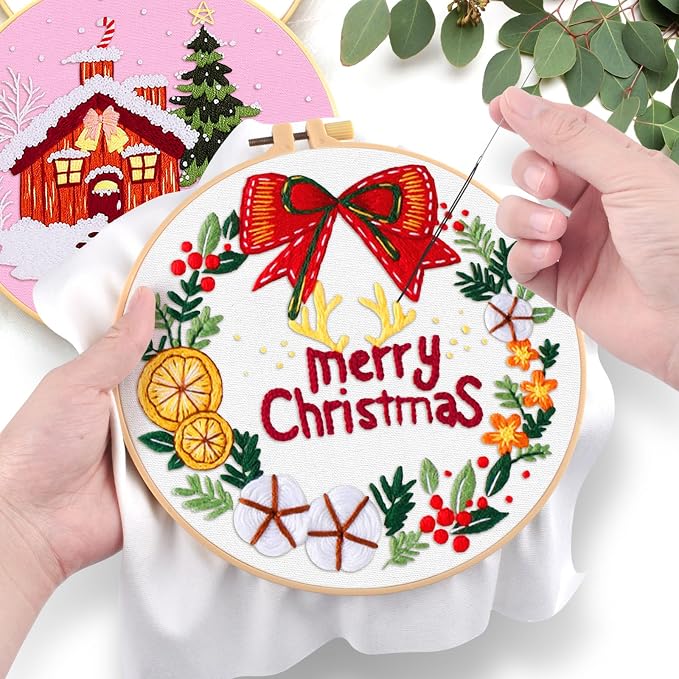ERKOON 5 Sets Embroidery Kit for Beginners, Christmas Cross Stitch Set with Easy Pattern Embroidery Cloth Hoops Threads for Craft Lover Hand Stitch