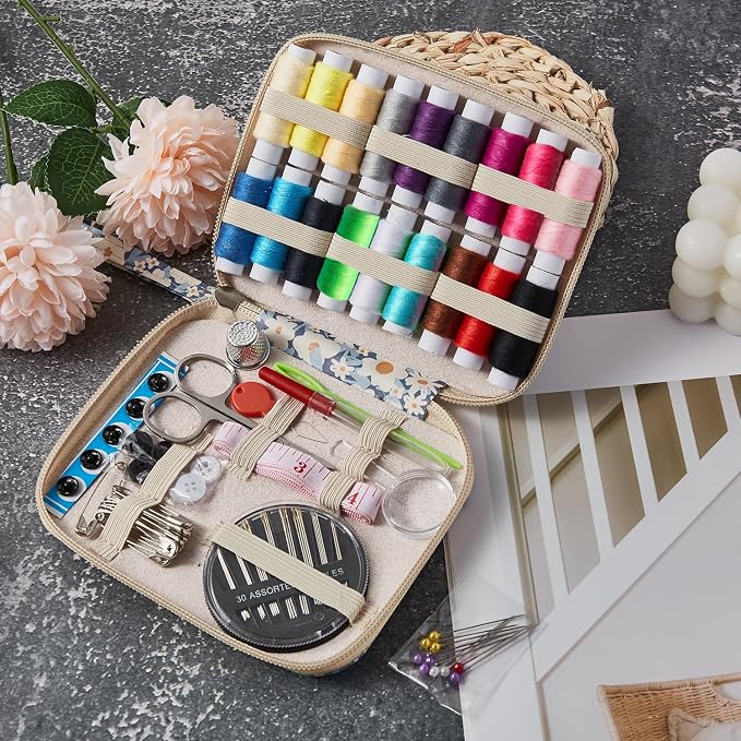 Daisy Sewing Kit Printing Sewing Kit,Professional Sewing Supplies for Adults, Zipper Sewing Needles Set, 87 PCS Travel Sewing Accessory for Emergency, Home
