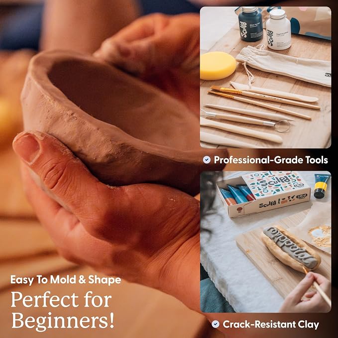 Sculpd Pottery Kit for Adults, Air Dry Clay with Tools, Pastel Tones | The original couples date night arts & crafts set with paints, brushes and tools, for adults