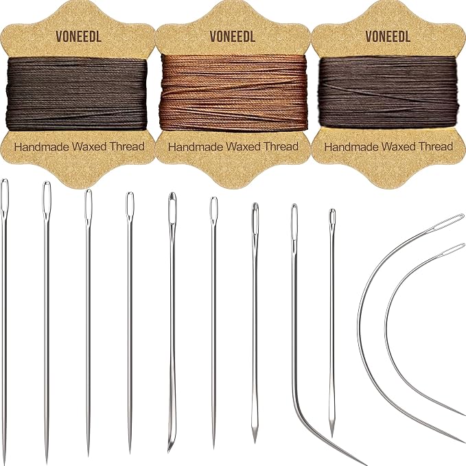 Upholstery Repair Kit: Waxed Sewing Thread (3 Rolls - Brown Color Range) & Heavy Duty Needles (11 PCS) for Leather, Canvas & Quilting Thread