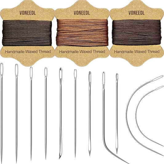 Upholstery Repair Kit: Waxed Sewing Thread (3 Rolls - Brown Color Range) & Heavy Duty Needles (11 PCS) for Leather, Canvas & Quilting Thread