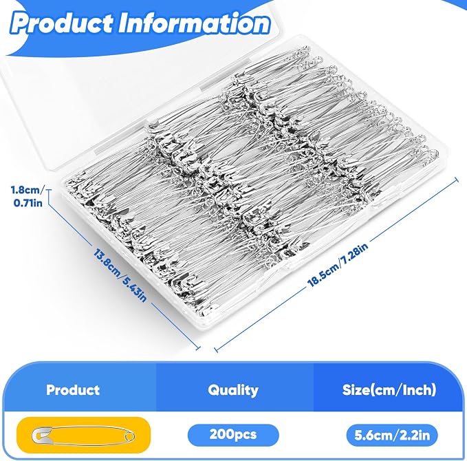 Huhuhero 200PCS Large Safety Pins, 2.2 Inches Heavy Duty for Clothes Sewing