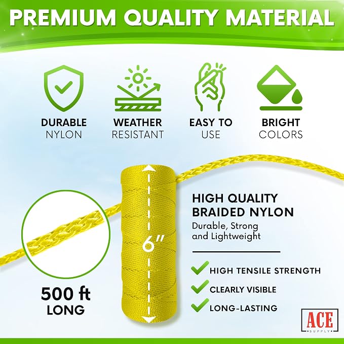 Yellow Mason Line String Line - 144 Roll Pack - #18 Braided Nylon String - 250 Ft Length Per Roll - Nylon Twine for Gardening Or Masonry Tools - Perfect Construction String for A String Level