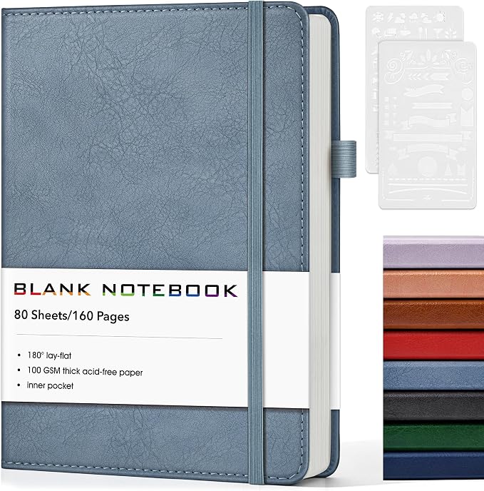 Journal Notebook, A5 Leather Hardcover Blank Sketchbook, 160 Pages, 180° Lay-Flat Binding, 100 GSM Thick Paper, for Sketching, Drawing, Art Journaling & Creative Writing (DustyBlue)