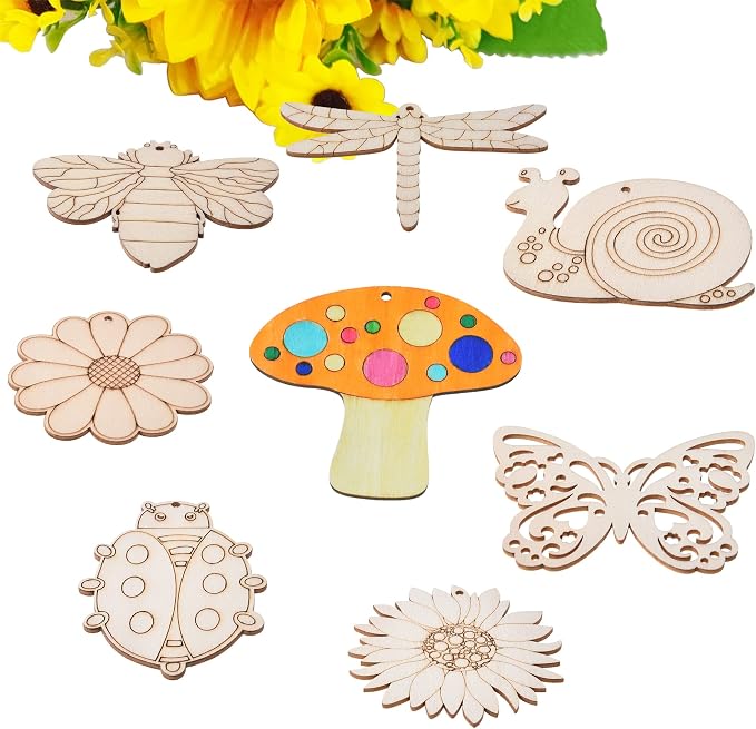48PCS Unfinished Wood Insect Butterfly Cutouts with Sling Hole
