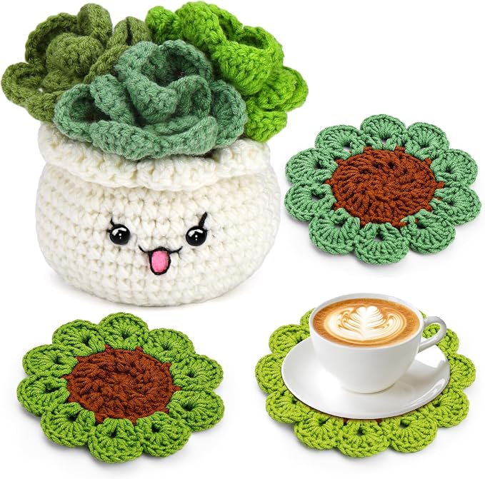 FTEVEN Crochet Kit for Beginners, 3PCS Coasters Potted Plants Crochet Kit