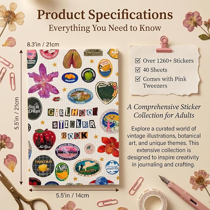 Tmtains 1260+Pcs 2026 New Girlhood Sticker Book Korean Sticker Book for Women Cute Sticker Books Aesthetic Portable Stickerbook for DIY Junk Journaling Scrapbooking Creative Birthday Gifts