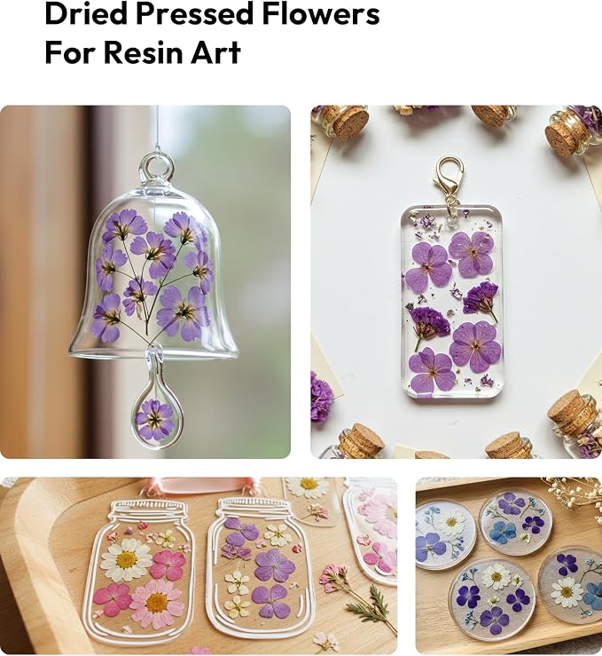 Dried Flowers, Resiners 58Pcs Pressed Flowers for Craft Purple Real Natural Dried Flowers Dry Leaves Kit for DIY Making Crafts Resin Soap Candle Scrapbook Supplies Card Making Jewelry