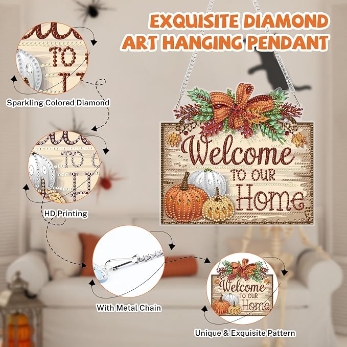 Bowetile Fall Diamond Art Hanging Kits for Adults, Welcome to Our Home Diamond Art Suncatchers, 5D Special Shape Autumn Diamond Painting Pendant Window Ornament Gifts for Home Door Wall Decor