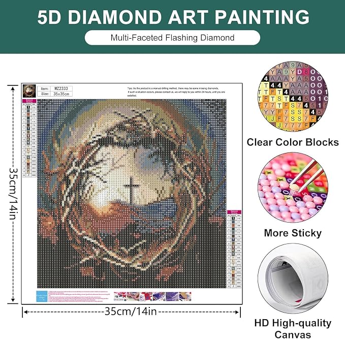 mrpwnle Diamond Art Kits for Adults Religious Cross Diamond Painting Kits | Christ Jesus Crown Thorns Diamond Art Painting Kits for Adults Beginner, DIY Round Full Drill Crafts Kit Home Decor 12x16in