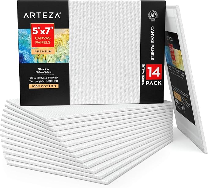 Arteza Canvas Boards for Painting, Pack of 14, 5 x 7 Inches, Blank White Canvas Panels, 100% Cotton, 12.3 oz Gesso-Primed, Art Supplies for Acrylic Pouring and Oil Painting