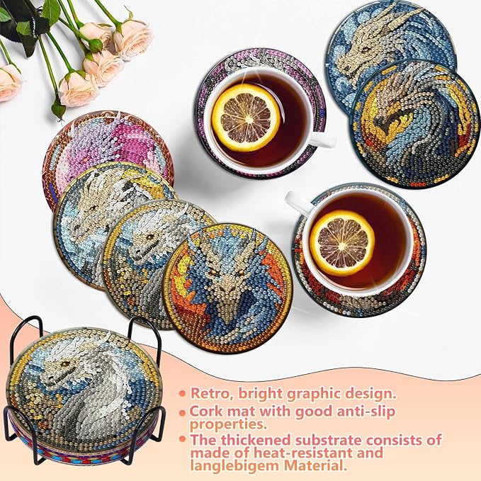 hkejoi 8 Pcs Dragon Diamond Art Coasters Kit for Adults, Dragon Diamond Painting Coasters with Holder, 5D Gem Art, DIY Crafts Diamond Dots for Gift Home Decor