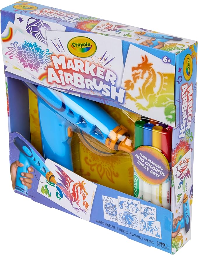 Crayola Marker Airbrush Spray Art Kit, 8 Washable Markers, 5 Stencils