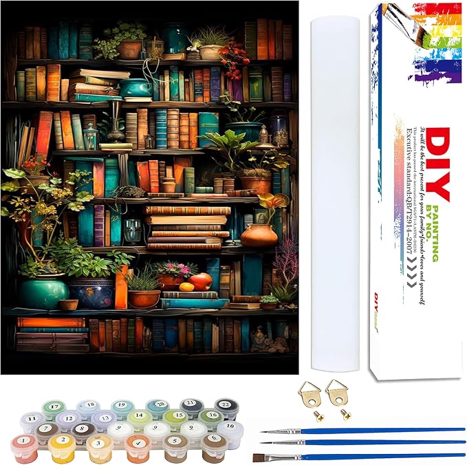 Yunruily Bookshelf Paint by Number Canvas for Adults-Bookshelf Paint by Numbers Adult,Book Oil Painting by Numbers for Adults and Home Wall Decor(with Gifts Box) 16x20inch