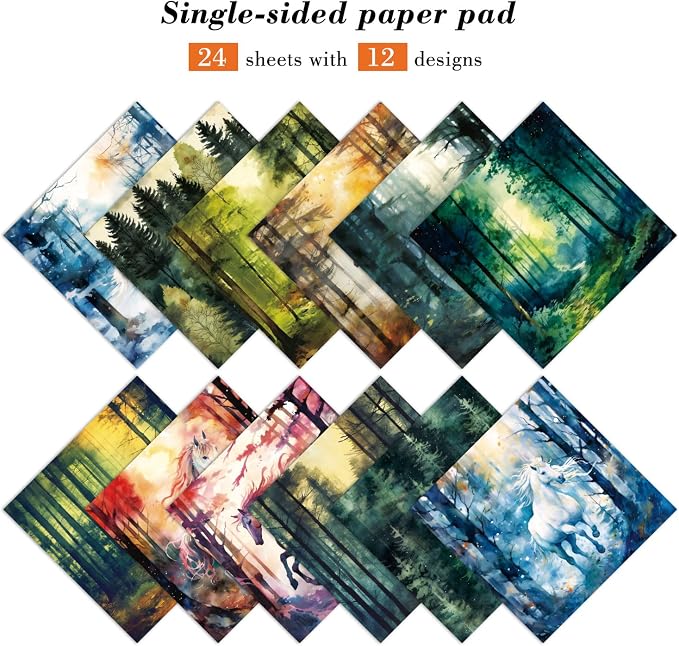 Forest Aesthetics Scrapbooking Paper Pad - 24 Sheets 6'' x 6'' Horse Patterns Designed Cardstock for Junk Journals Decoupage Diary Supplies DIY Crafts Gift Folded Wrapping Material