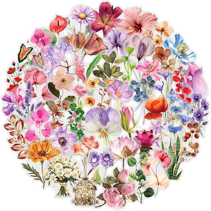 Transparent Flower Stickers 50Pcs for Scrapbooking PET Nature Plant Sticker Floral Stickers Colorful Vintage Craft Sticker for Journaling Scrapbooking Clear Flowers Decals(Colourful-F7)