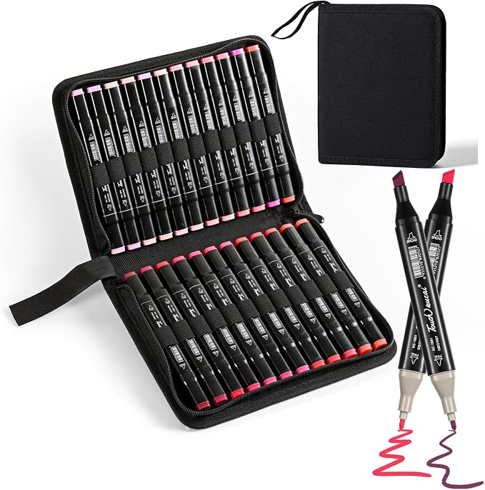 Red Pink Colors Alcohol Markers Set,24 Color Dual Tips Art Markers,Markers Pens for Artist Adults Coloring Illustration Painting DIY Crafts Making Art Supplies
