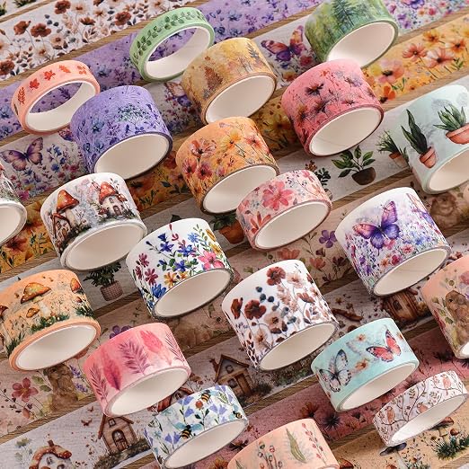 PAGEMORE 27 Rolls Vintage Washi Tape Set, Floral Butterfly Forest Mushroom Botanical Flower Writable Decorative Tapes for Scrapbooking, Junk Journal Supplies, Bullet Journaling 9.84ft Long/Roll