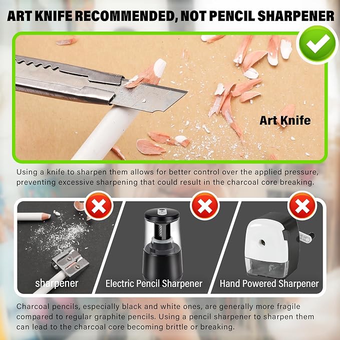 KALOUR White Charcoal Pencils Drawing Set, Professional 6 Pieces White Sketch Pencils for Drawing, Sketching, Shading, Blending, Chalk for Beginners & Artists