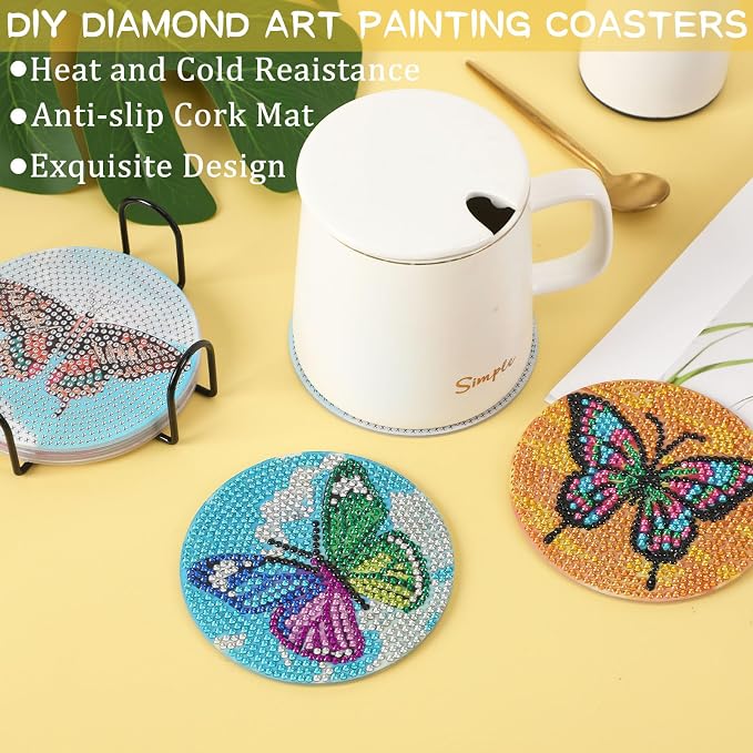 UPINS 8Pcs Butterfly Diamond Art Painting Coasters for Drinks | DIY Life Coaster Diamond Art Kits ,for Adults Kids Beginners Diamond Art Craft Supplies