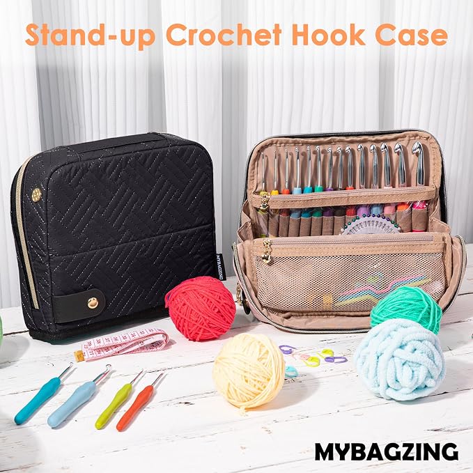 MYBAGZING Crochet Hook Case with 14 Size Crochet Hooks Set 2mm(B)-10mm(N) Ergonomic Crochet Hooks with Crochet Case Stand Up - Crochet Hook Organize for Crochet Lovers, Crochet Kit for Beginners