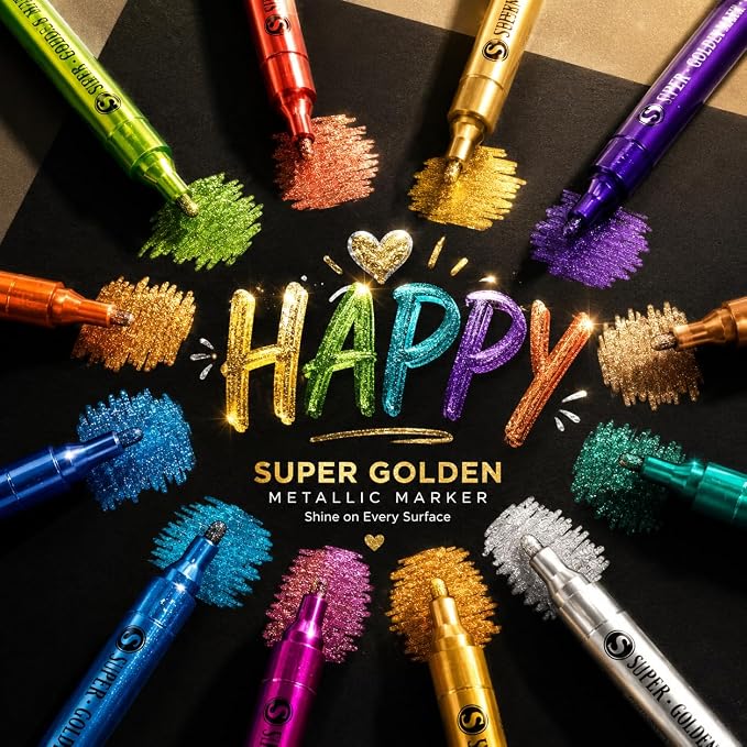 SAKEYR Super Golden Metallic Paint Markers, 12 Colors Sparkle Metallic Glitter Markers, Acrylic Paint Pens for Rock Painting, Glass, Wood, Fabric, Black Paper, Cards, Scrapbook, DIY Art Crafts (2-3mm)