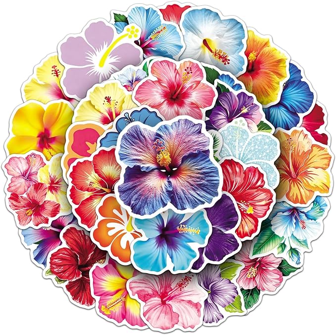 50pcs Aesthetic Hibiscus Stickers, Tropical Flowers Stickers, Hibiscus Flower Aesthetic Decals for Laptop Computer Notebook Scrapbook Water Bottle Waterproof Funny(colours-F15)