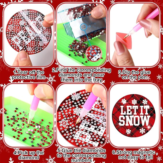 Zonon 12 Pcs Christmas Diamond Art Magnet Kits for Fridge | Xmas Diamond Painting Magnets, Black and Red Buffalo Plaid,DIY Craft Gifts, for Refrigerator Lockers Cars DIY Home Decor