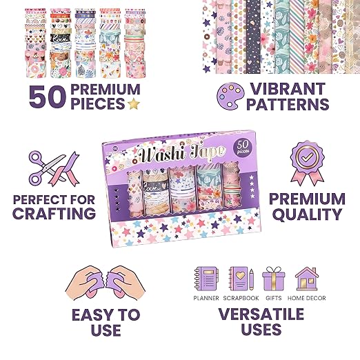 50 Rolls Washi Tape Set, Assorted Sizes, for Junk Journal Scrapbook, Bullet Journaling Scrapbooking Supplies, Planner Sticker DIY Craft Decor (Whimsical Doodles)