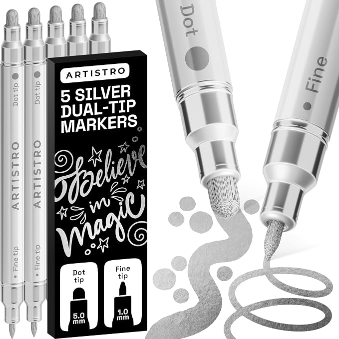 ARTISTRO Silver Dual-Tip Acrylic Paint Marker Pens - Set of 5 | For Fabric, Rock, Glass, Wood, & Coloring Books, Arts & Crafts Gift, Classroom Must Haves & School Supplies (Dot & Fine Tips)