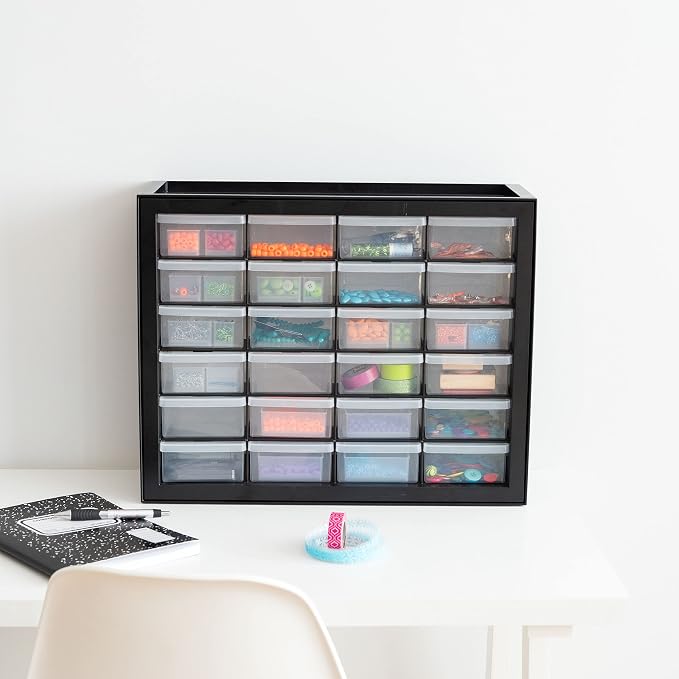 IRIS USA 24-Drawer Plastic Storage Cabinet, Teacher Toolbox, Garage, Black | Wall mountable, Stackable, Small Business Scrapbook Art Balloons Building Bricks Crafts Stickers Storage