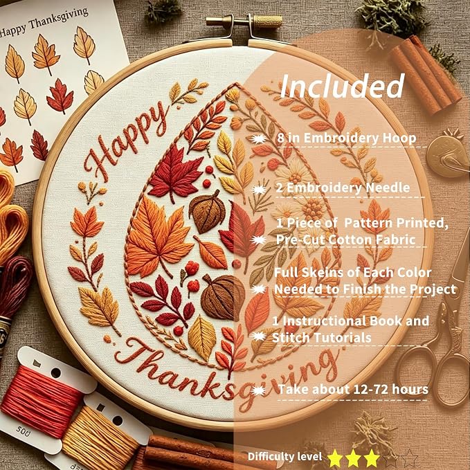 FONNUY Fall Embroidery Kit, Handmade Autumn Wreath Pre-Stamped Pattern for Beginners, Thanksgiving Harvest Home Decor, 8'' Hoop (Maple Leaves)