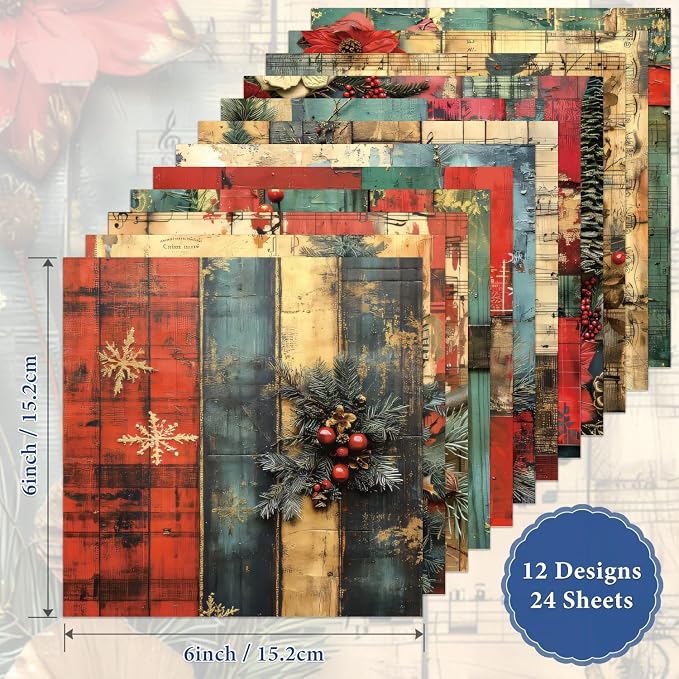 Christmas Scrapbook Paper Pad 24 Sheets Scrapbooking Supplies, Single-Sided Patterned Cardstock Pads Supplies for Card Making, Designer Planner Journals, Background Borders, Greeting Cards 6"×6”