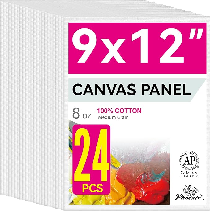 PHOENIX Painting Canvas Panels 9x12 Inch, 24 Bulk Pack - 8 Oz Triple Primed 100% Cotton Acid Free Canvas Boards for Painting, White Blank Flat Canvas Boards for Acrylic, Oil Paints