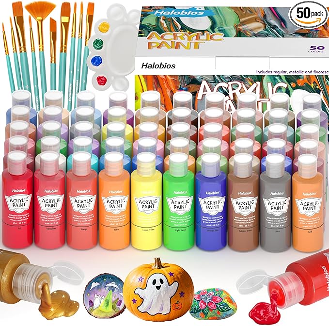 Halobios Acrylic Paint Set 50 Colors(2 fl oz/60 ml), Premium Acrylic Paints for Kids & Adults, With Fluorescent Colors & Metallic Colors for Painting, Drawing & Art Supplies, DIY Arts and Crafts